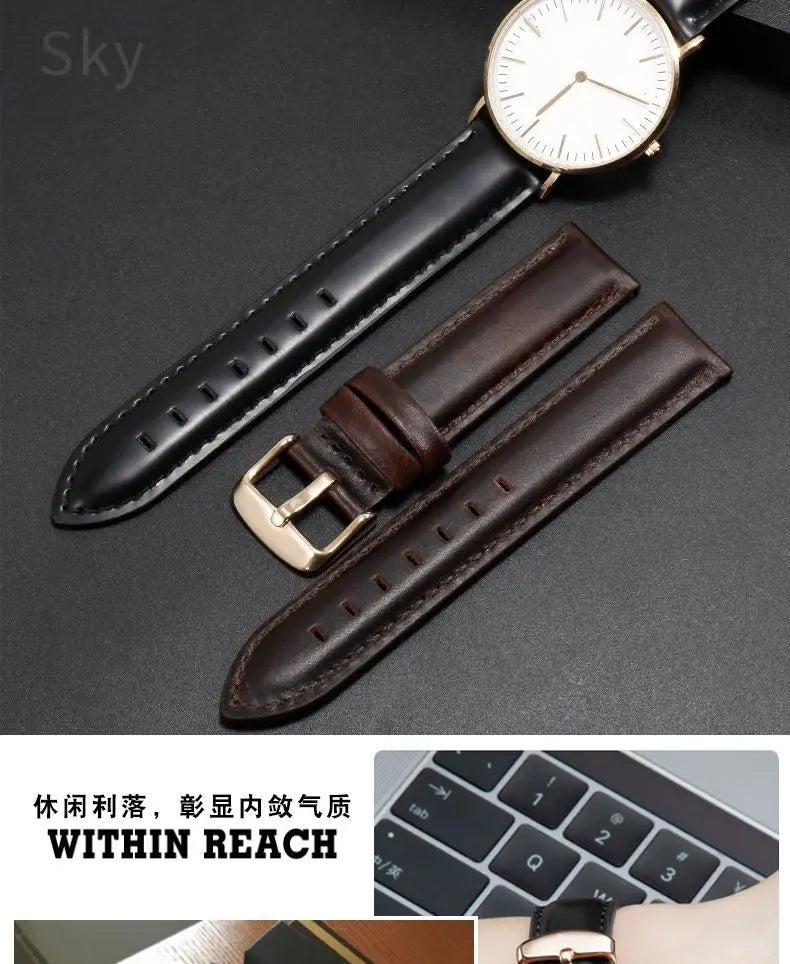 DW Classic Genuine Leather Watch Strap – 14–22mm, Waterproof & Soft