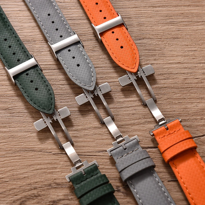 FKM Rubber Leather Watch Band 18/19/20/22mm Quick Release Sailcloth Leather Strap Butterfly Buckle Band For Omega Seiko Cartier