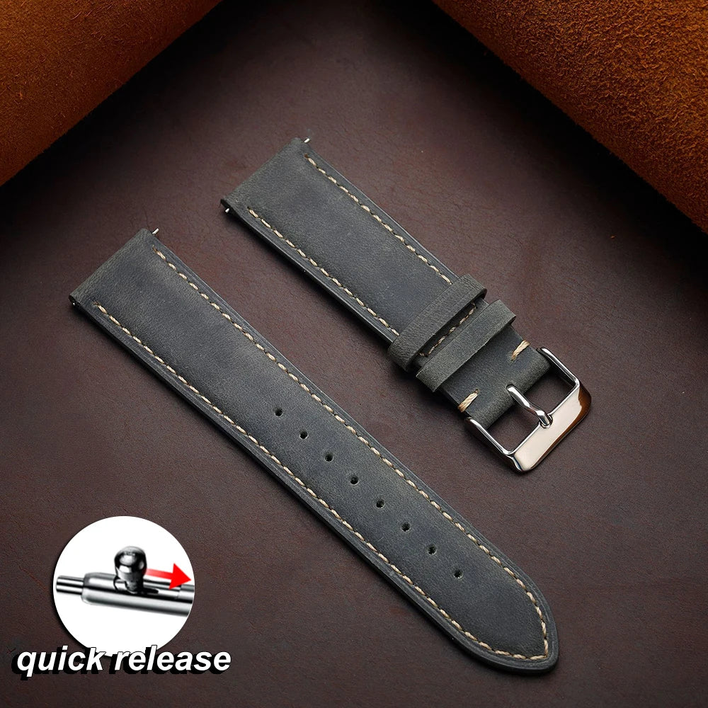 Vintage Dark Brown Cowhide Leather Watch Strap (14–24mm, Quick Release)