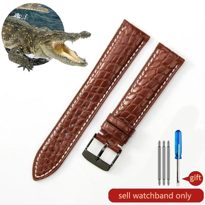 Crocodile Skin Genuine Leather Watch Band with Needle & Butterfly Buckle for