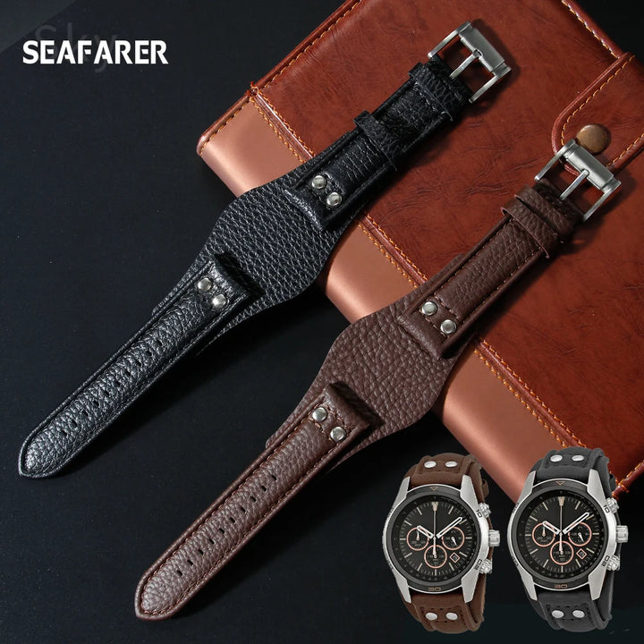 Genuine Leather Watch Strap for Fossil 22mm – Black & Brown, Rivet Style