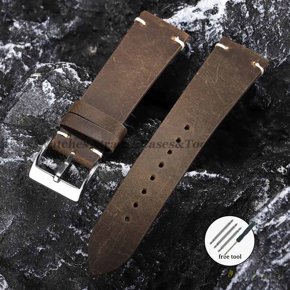 Oil Wax Leather Watch Strap – 18–22mm, Handmade Vintage Brown Cowhide for Omega