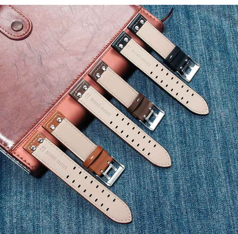 Double Row Hole Leather Watch Strap 20/22mm for Hamilton & Seiko