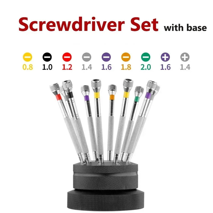 9PCS Watch & Glasses Repair Screwdriver Set with Rotating Base – Steel