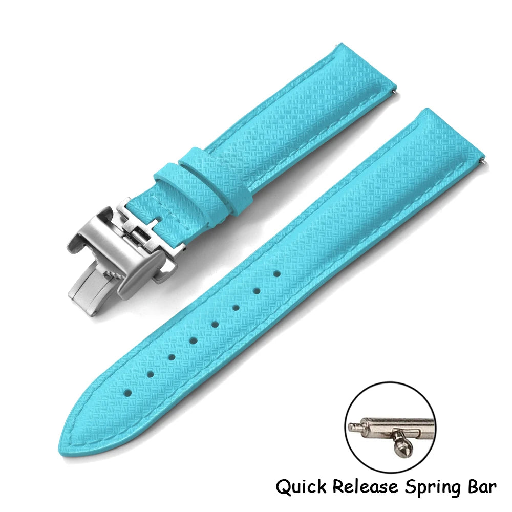 FKM Rubber Leather Watch Band 18/19/20/22mm Quick Release Sailcloth Leather Strap Butterfly Buckle Band For Omega Seiko Cartier