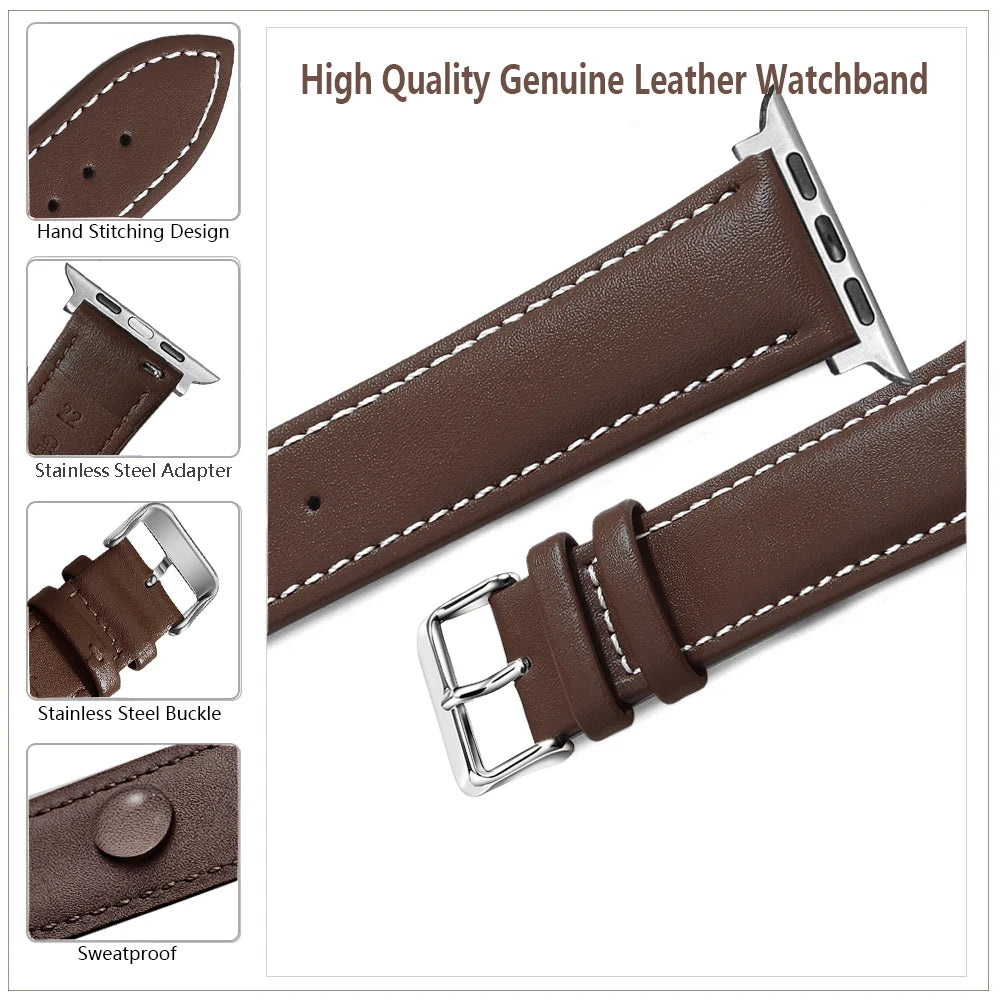 Genuine Leather Apple Watch Band 40–49mm for iWatch Series 3–8 & Ultra