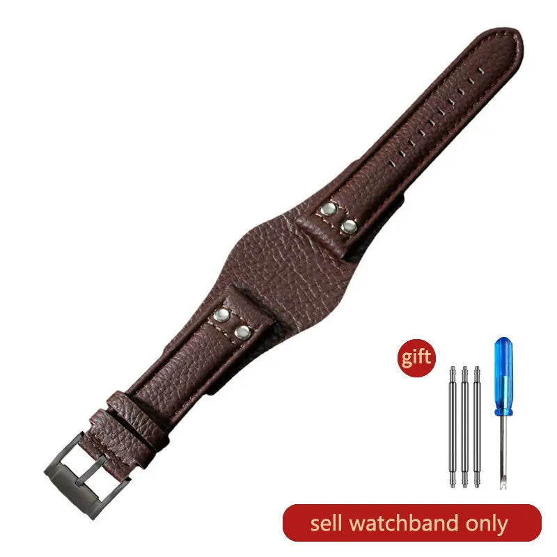 Genuine Leather Watch Strap for Fossil 22mm – Black & Brown, Rivet Style