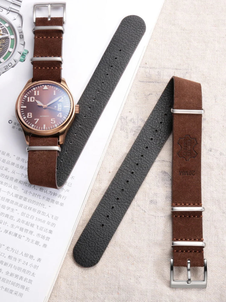 HEMSUT Genuine Suede Leather One-Piece Watch Strap 18-22mm Vintage Military Style