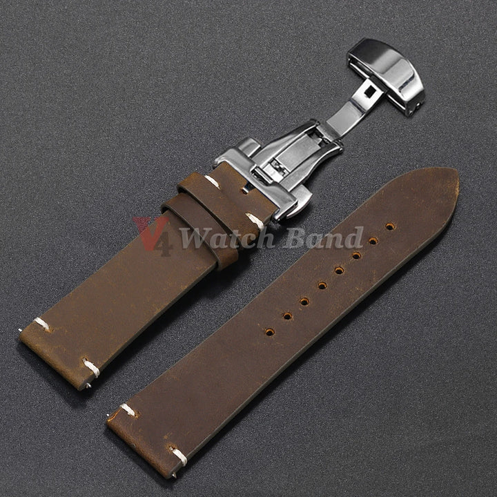 Stitched Cowhide Leather Watch Strap Brown (Butterfly Buckle, 18–24mm)