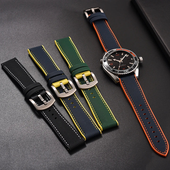 18/20/22/24mm FKM Rubber Watch Strap Quick Release Sailcloth Leather Watch Bands For Omega Seiko Tissot Watch Belt Accessories