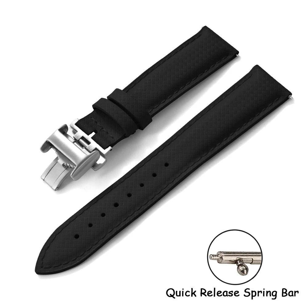 FKM Rubber Leather Watch Band 18/19/20/22mm Quick Release Sailcloth Leather Strap Butterfly Buckle Band For Omega Seiko Cartier