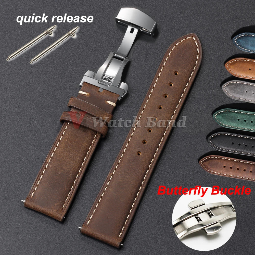 Genuine Calfskin Leather Watch Strap Brown (Butterfly Buckle, 18/20/22mm)