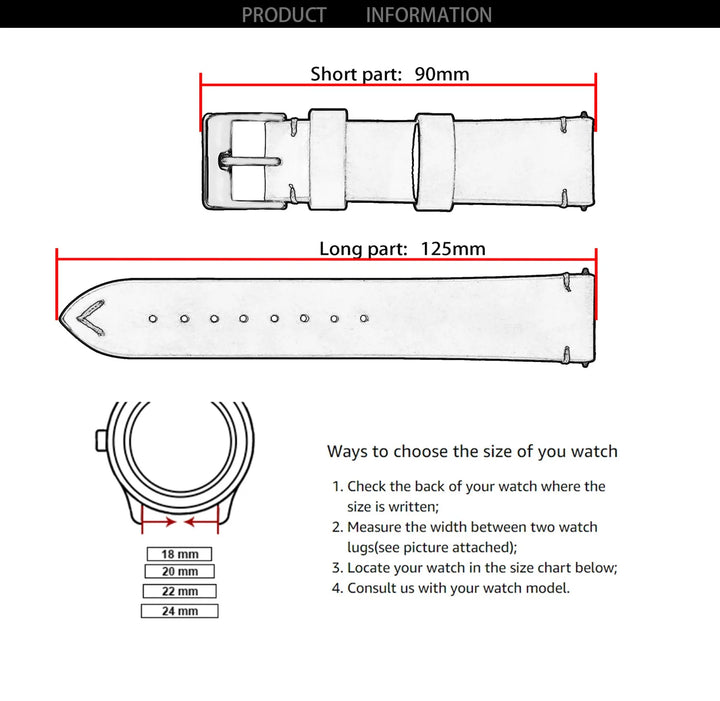 New Sport Vintage Leather Watch Band 18–22mm with Stainless Steel Buckle