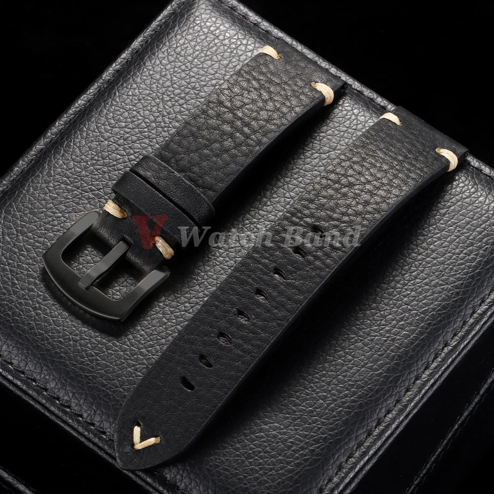 Genuine Cowhide Leather Watch Strap – 18/20/22mm, Vintage, Metal Buckle