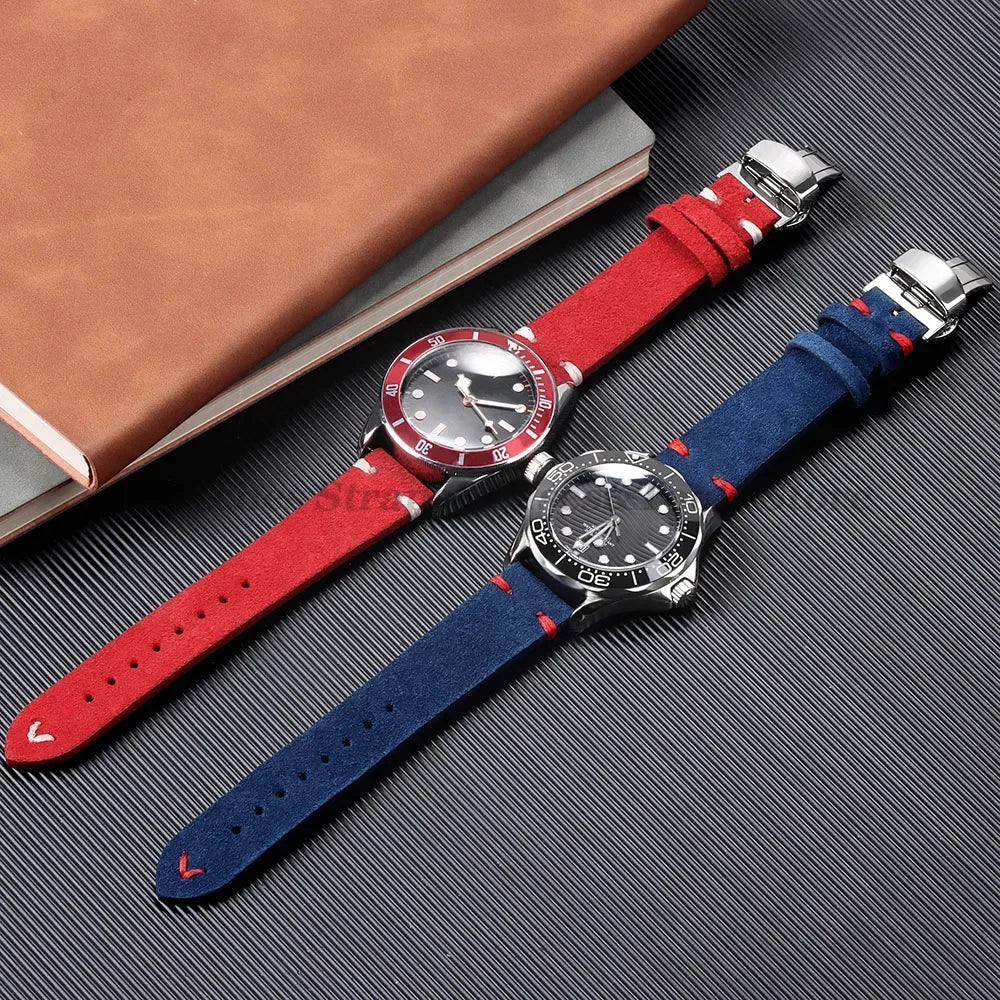 Suede Leather Watch Strap – 18/20/22mm, Universal with Butterfly Buckle