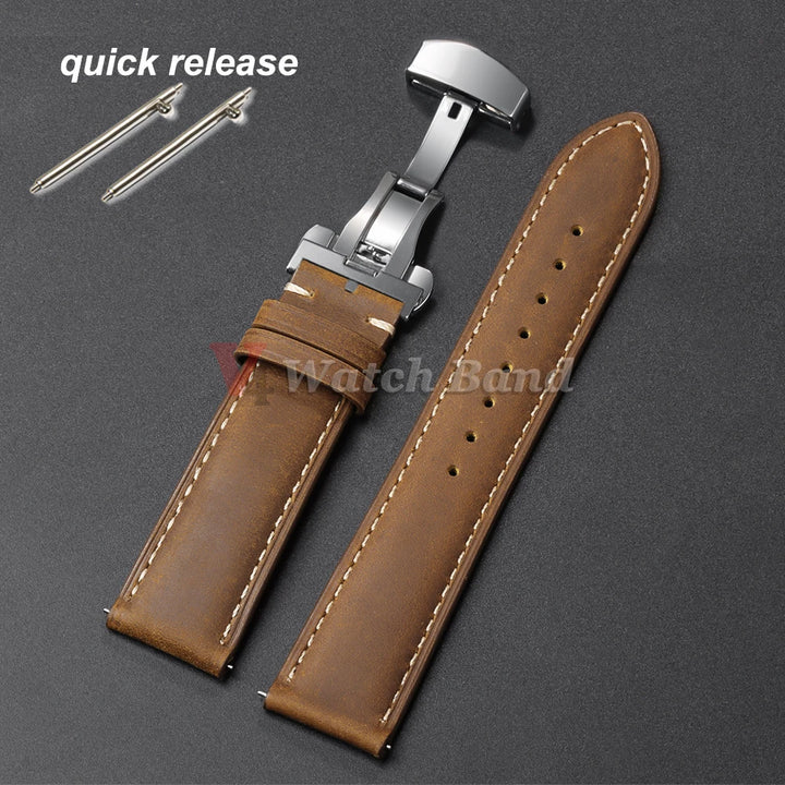Genuine Calfskin Leather Watch Strap Brown (Butterfly Buckle, 18/20/22mm)