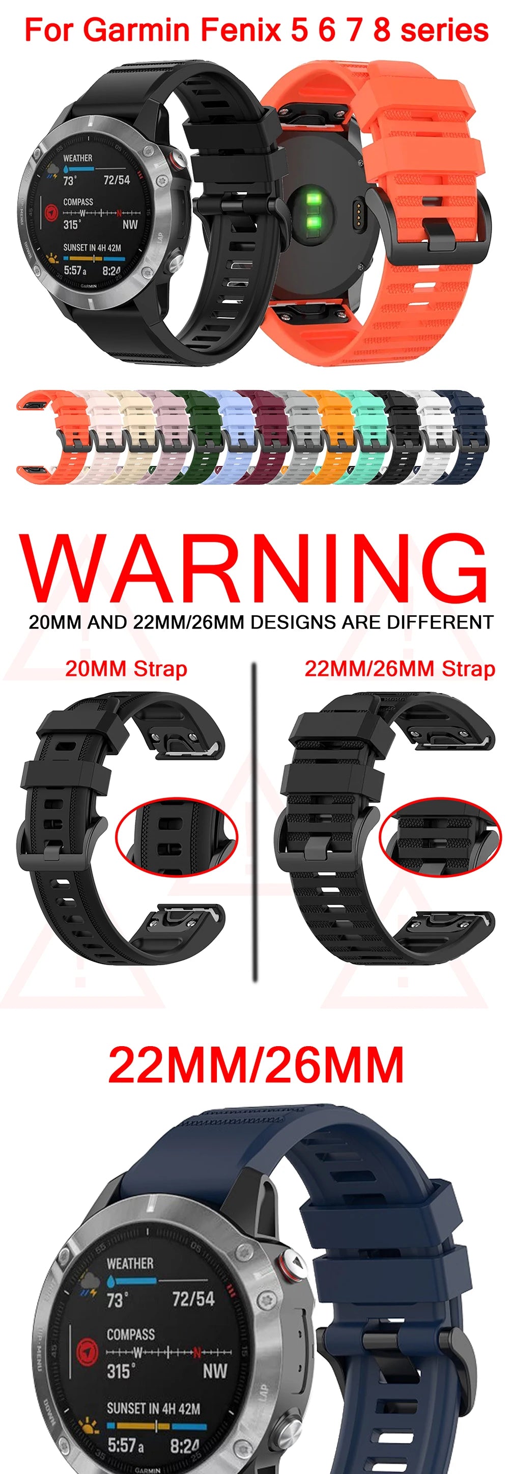 QuickFit Silicone Band for Garmin Fenix & Epix (20-26mm)