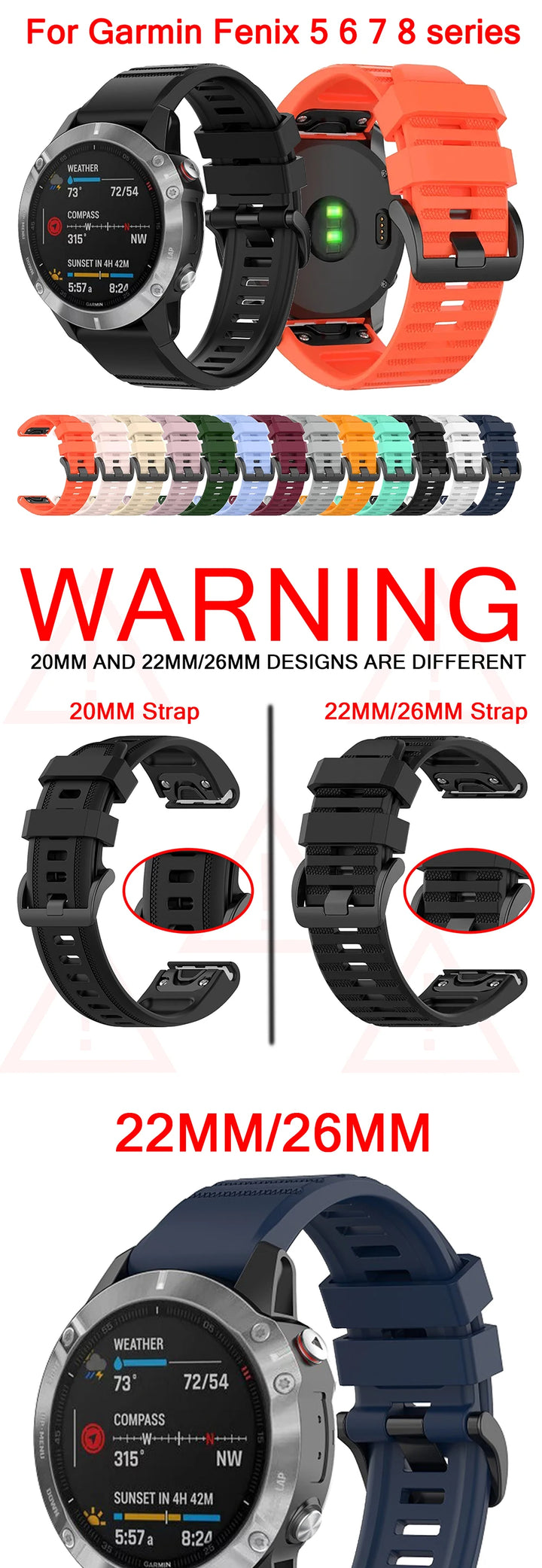 QuickFit Silicone Watch Strap 20/22/26mm for Garmin Fenix, Epix Pro & Enduro 2