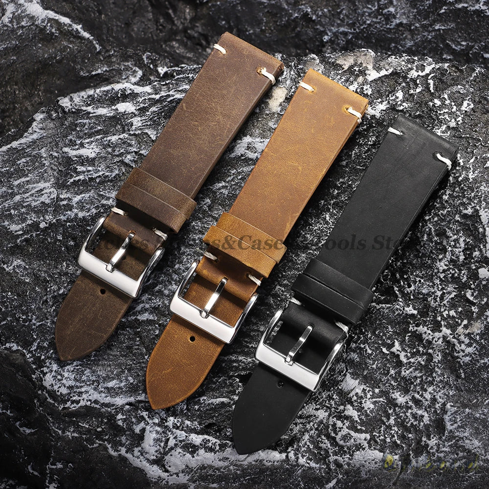 Oil Wax Leather Watch Strap – 18–22mm, Handmade Vintage Brown Cowhide for Omega