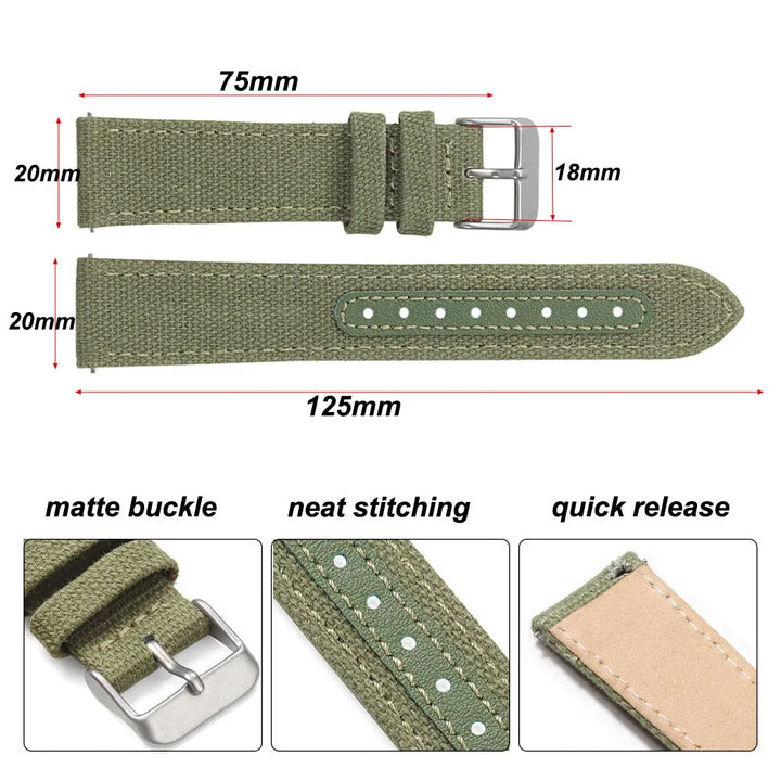Genuine Leather & Nylon Watch Band 20–22mm (Quick Release, Vintage Weave)