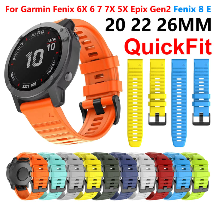 QuickFit 20/22/26mm Silicone Watch Strap – For Garmin Fenix 5–8 Series & 7X/7 Pro