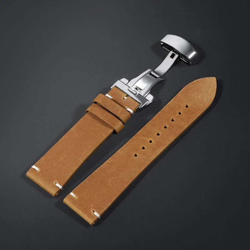Stitching Cowhide Leather Watch Strap – 18–24mm, Vintage Brown, Butterfly Buckle