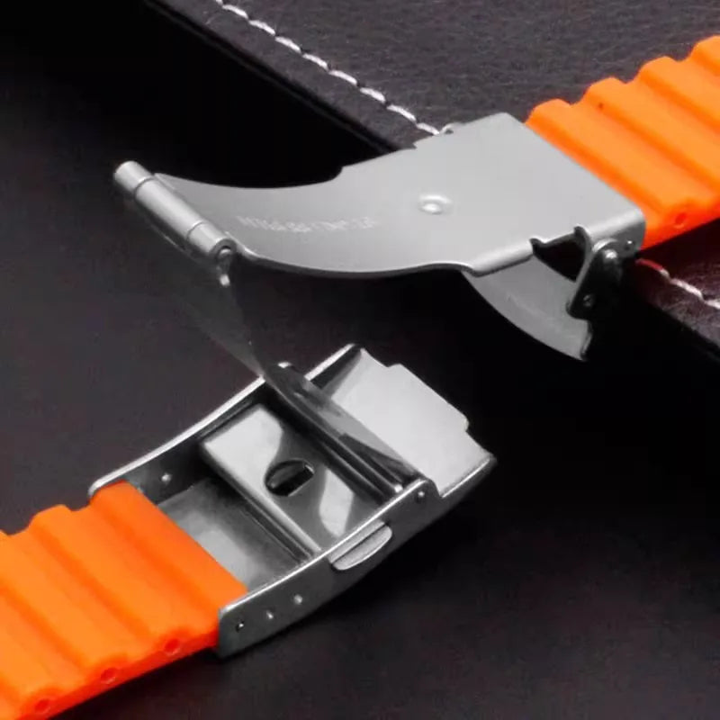 Striped Rubber Tire Watch Band 18–24mm with Deployment Buckle