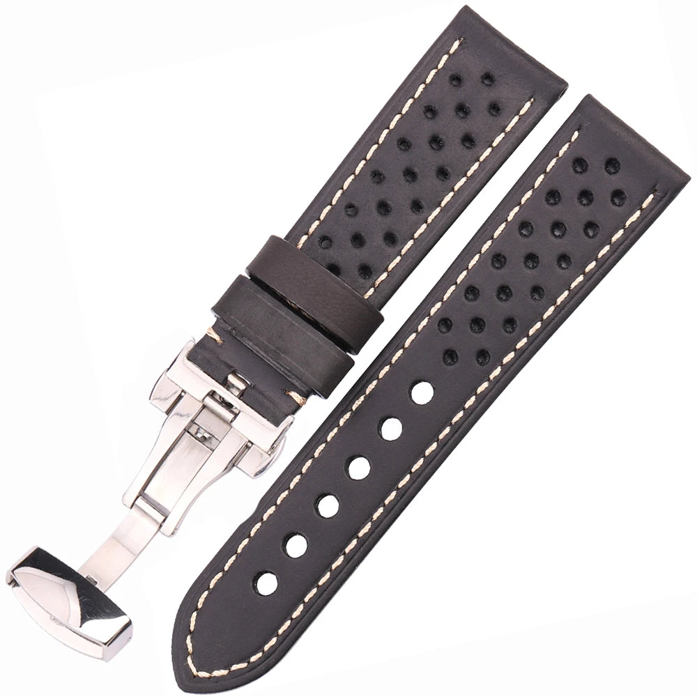 Breathable Genuine Leather Watchband with Deployment Clasp  20mm 22mm 24mm Comfortable Soft Watch Strap