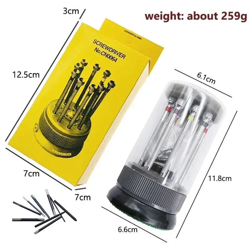 9PCS Watch & Glasses Repair Screwdriver Set with Rotating Base – Steel