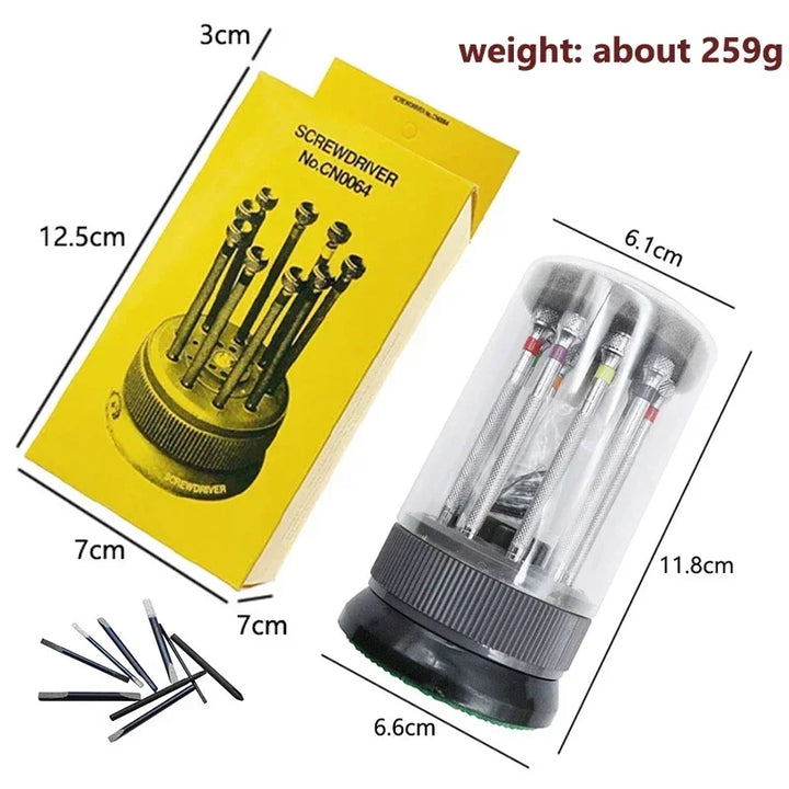 9PCS Watch & Glasses Repair Screwdriver Set with Rotating Base – Steel