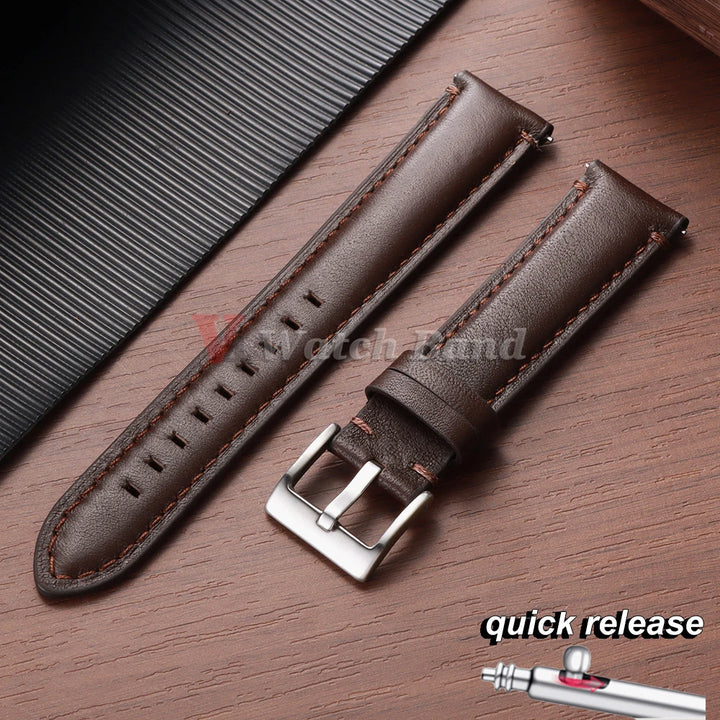 Cowhide Leather Watch Band 20–24mm for Fossil & Samsung (Brown, Quick Release)