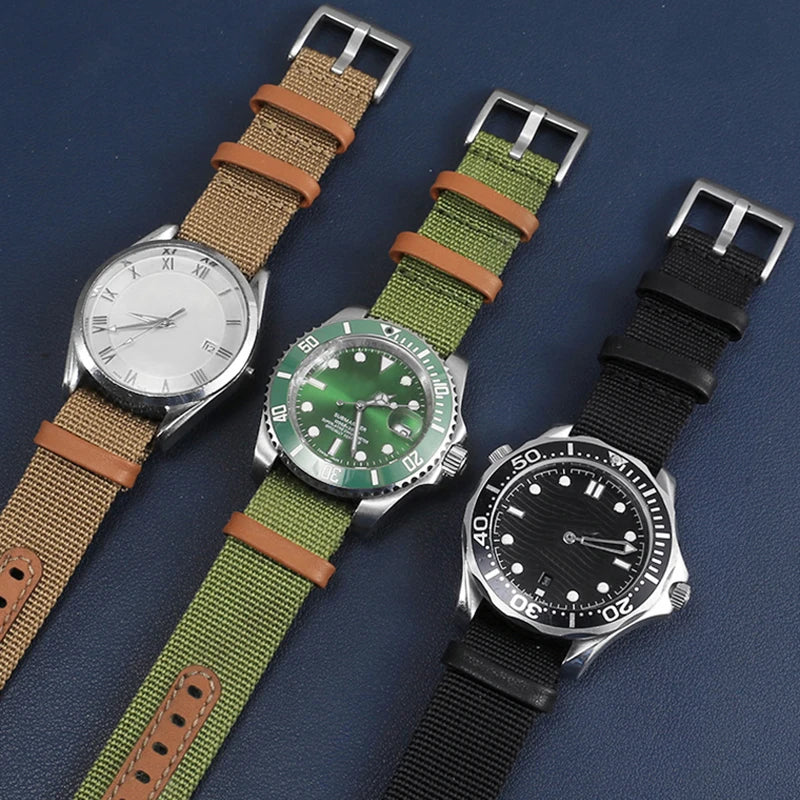 Soft Watch Bracelet for Seiko Replacement 20mm 22mm Canvas Nylon Patch Leather Strap for Rolex Watchband for Omega Wristband