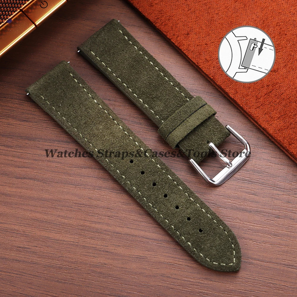 Vintage Suede Cowhide Leather Watch Strap (18–22mm, Quick Release)