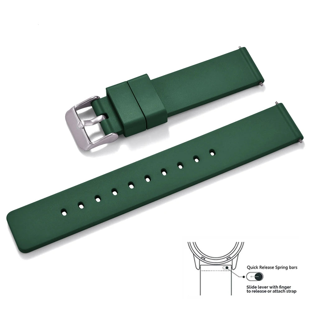 Premium Grade Flat Smooth FKM Rubber Watch Strap 16mm 18mm 20mm 22mm 24mm Soft Quick Release Rubber Watch Bands
