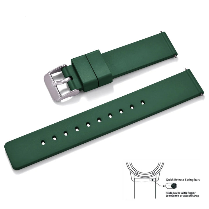 Premium Grade Flat Smooth FKM Rubber Watch Strap 16mm 18mm 20mm 22mm 24mm Soft Quick Release Rubber Watch Bands