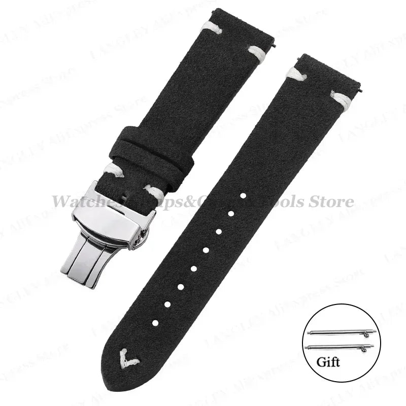 Suede Leather Watch Strap – 18/20/22mm, Universal with Butterfly Buckle