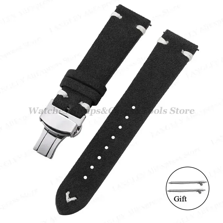 Suede Leather Watch Strap – 18/20/22mm, Universal with Butterfly Buckle
