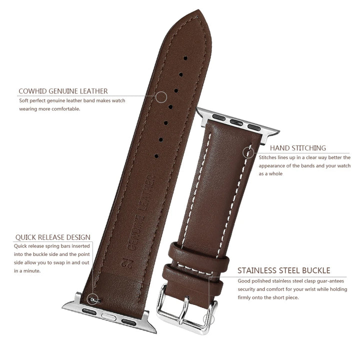 Genuine Leather Apple Watch Band 40–49mm for iWatch Series 3–8 & Ultra