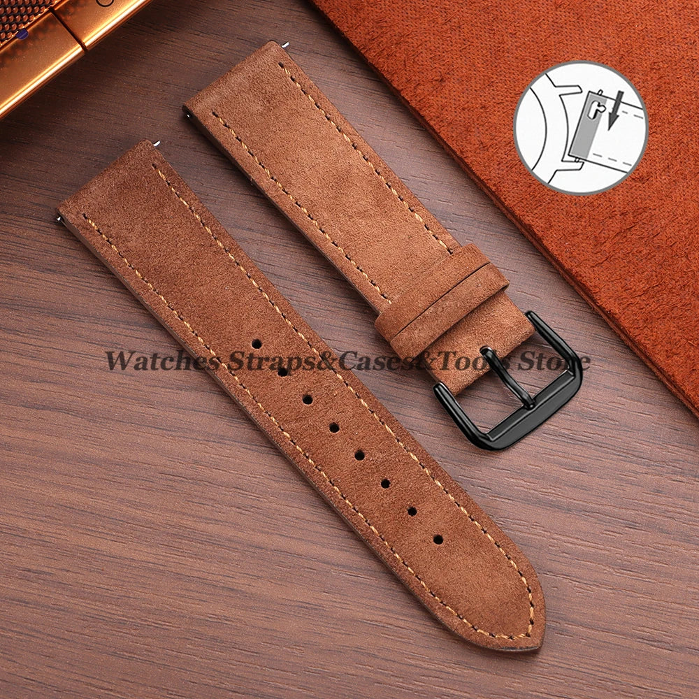 Vintage Suede Cowhide Leather Watch Strap (18–22mm, Quick Release)