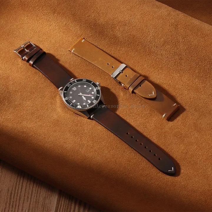Title: Vintage Oil Wax Leather Watch Band 18–22mm (Quick Release, Unisex)