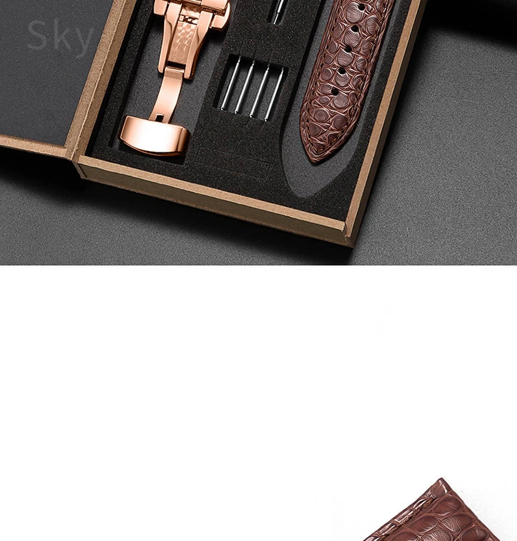 Crocodile Skin Genuine Leather Watch Band with Needle & Butterfly Buckle for