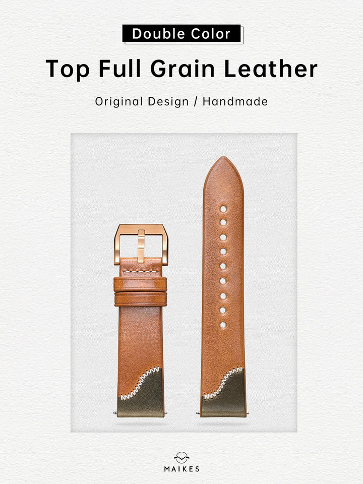Maikes Handmade New Design Double Color Watch Band, Quick Release, Top Full Grain Leather Strap With Rose Gold Buckle