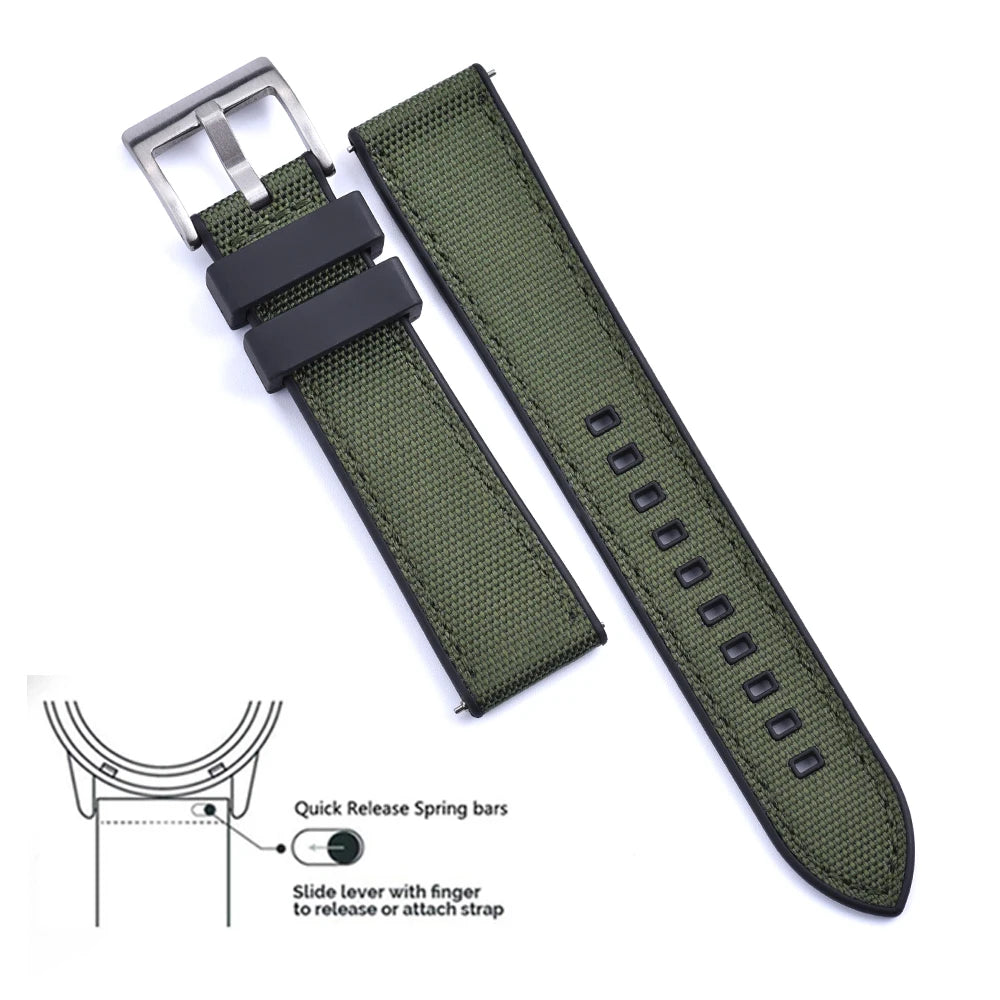 New Design Hybrid FKM Watch Strap 20mm 22mm Fluoro Rubber Canvas Nylon Watchbands Quick Release For Each Brand Diving Watches
