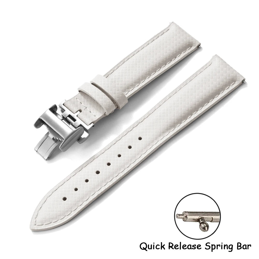 FKM Rubber Leather Watch Band 18/19/20/22mm Quick Release Sailcloth Leather Strap Butterfly Buckle Band For Omega Seiko Cartier