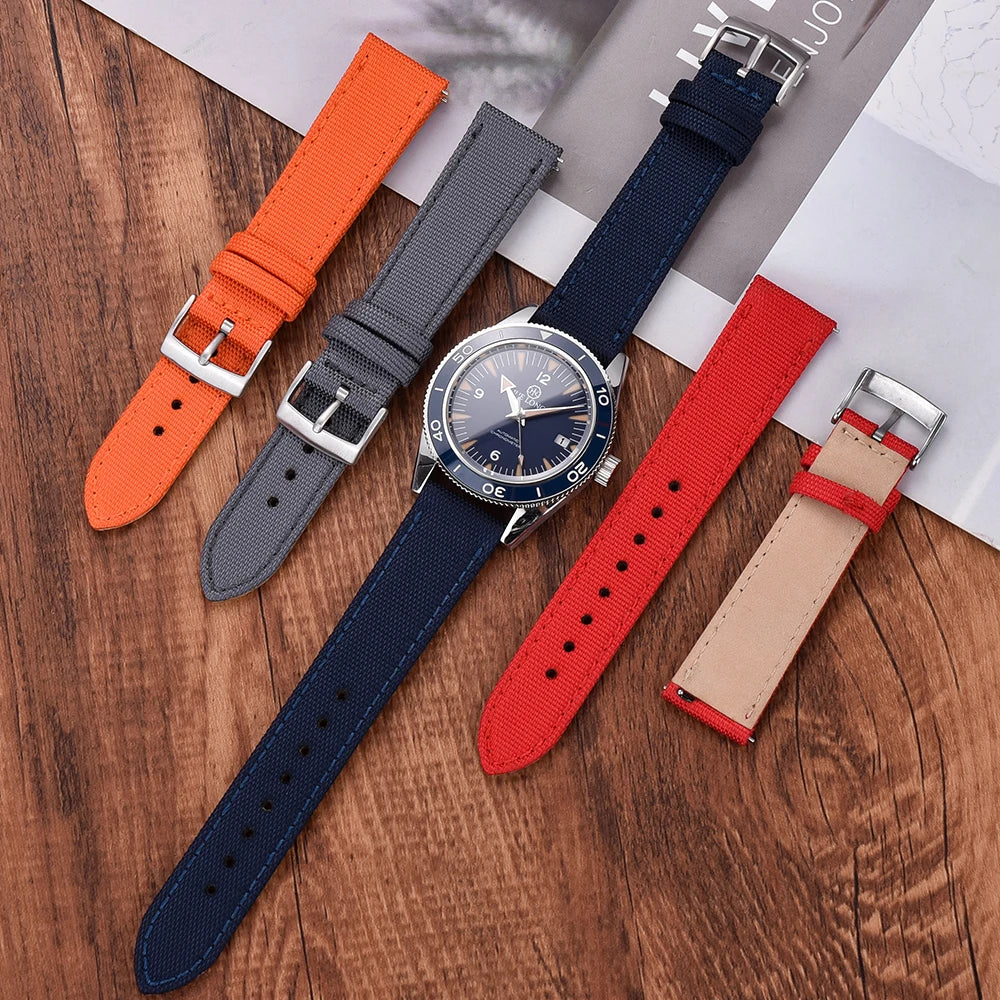 New Design Hybrid Canvas Nylon Leather Watch Strap 18mm 20mm 22mm Bracelet Quick Release Replacement Black Khaki Red Watchbands