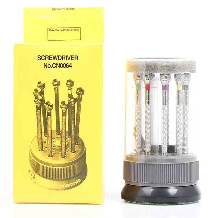 9PCS Watch & Glasses Repair Screwdriver Set with Rotating Base – Steel