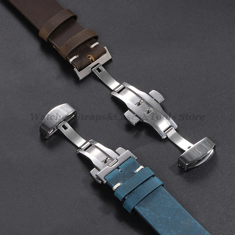 Stitching Cowhide Leather Watch Strap – 18–24mm, Vintage Brown, Butterfly Buckle