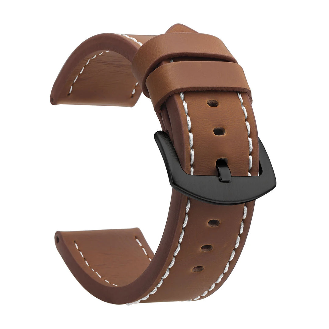 Fashion Vintage Leather Watch Strap – 18–24mm, Stainless Steel Buckle