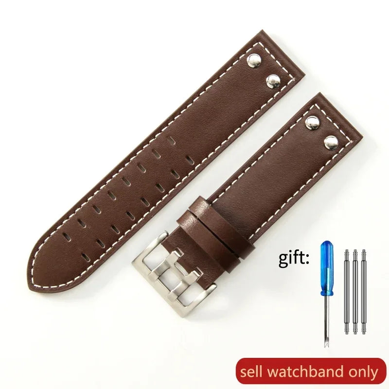 Double Row Hole Leather Watch Strap 20/22mm for Hamilton & Seiko