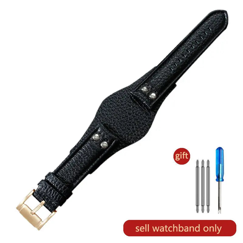 Genuine Leather Watch Strap for Fossil 22mm – Black & Brown, Rivet Style